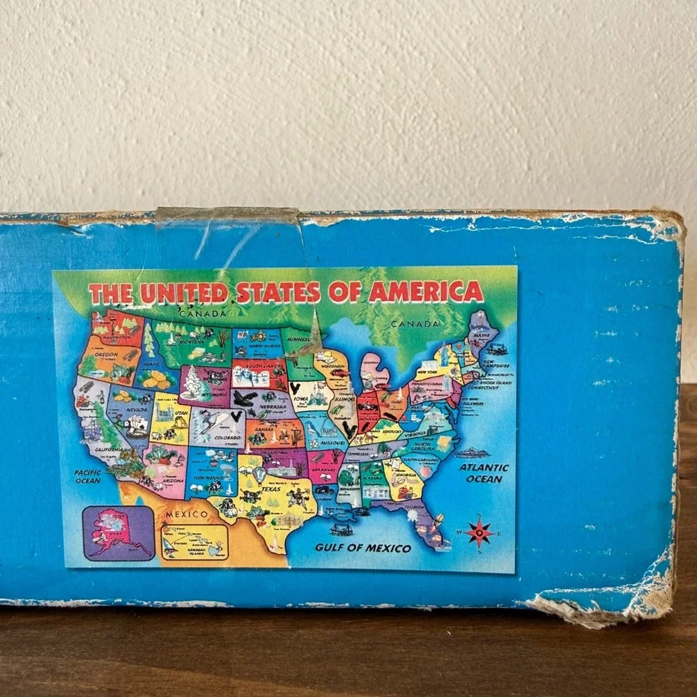 Vintage First Learning Wooden USA Map Floor Puzzle 26 Pcs 36x24 Complete OpenBox